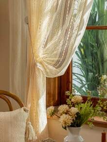 2片波西米亚风薄纱窗帘，法式奶油色蕾丝窗帘，美式农舍风格窗帘，适用于客厅、阳台、卧室 - 米色 - 查看 9