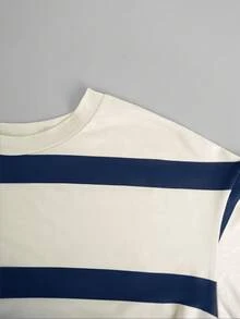 Top de manga corta holgado con rayas, estilo informal coreano para primavera y verano - Azul 2 - Ver 2