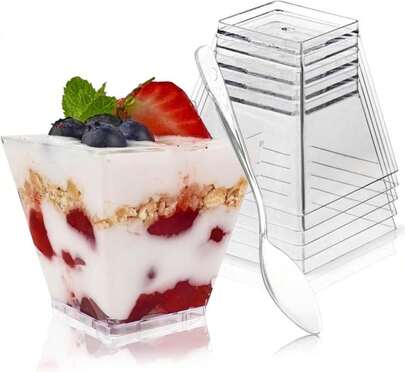 Legredic 30 Pack 3.5 Oz Square Dessert Cups With Spoons, Mini Plastic Parfait Appetizer Cups, Clear Reusable Small Shooter Cups, Serving Bowls For Tasting Party Samples Dessert Shot Glasses
