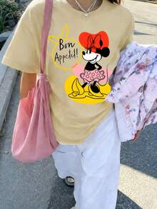 Disney Charming Minnie Mouse "Bon Appétit" Adult T-Shirt – Soft Butter Yellow Oversized Tee With Playful French Slogan & Abstract Graphic For Women - Màu be - Xem 2
