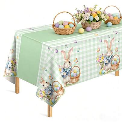 Khăn trải bàn hình thỏ Phục Sinh (1 chiếc/4 chiếc) hình chữ nhật 54*108 inch, khăn trải bàn hình thỏ Phục Sinh nhiều màu sắc, họa tiết kẻ caro xanh lá cây, khăn trải bàn nhà bếp, phòng ăn, trang trí nội thất mùa xuân hình chữ nhật.