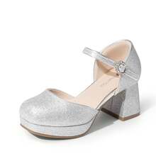 Girls Glitter Platform High Heels Square Toe Ankle Strap Wedding Party Pumps Flower Girl Shoes For Little Big Kid - 銀色 - 查看 3