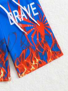 男童卡通火焰蜘蛛印花长袖两件式泳衣 - 藍色 - 查看 3