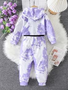 3件套女童扎染印花长袖连帽衫、吊带背心和裤子套装，街头风运动装，秋冬款 - 淡紫色 - 查看 3