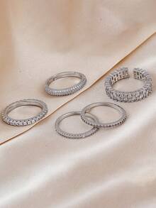 5pcs Elegant Cubic Zirconia Stone Ring Set, Stackable Rings Suitable For Women's Daily Wear, Wedding, Party, Best Gift For Holidays - Silver - View 5