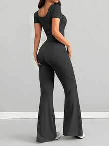 AITYI Studio 女士连体裤，修身舒适，休闲 U 领纯色时尚性感修身款，适合户外运动，百搭实用，适合毕业典礼、新年、情人节、春夏等场合，弹力针织短袖喇叭裤腿连体裤 - 鉛灰 - 查看 3