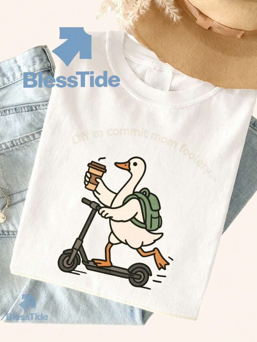 Funny Mother's Day April Fools' T-Shirt For Women | Duck Riding Scooter With Coffee Graphic Cotton Tee | Novelty Gift For Mom, Wife, Daughter - 白色 - 查看 1
