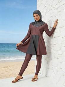 VFJ 女士高弹力保守泳衣圆领拉链布基尼高腰泳裤休闲穿着全包覆 - 中紫紅色 - 查看 10