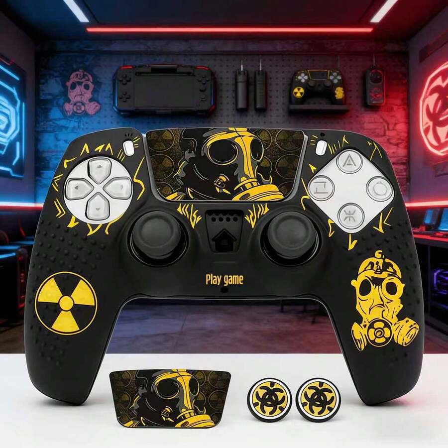 4pcs/Set Game Controller Protective Case, Including 1pc Yellow PlayStation5 Controller Protective Shell, 1pc Sticker, 1 Pair Joystick Caps - Yellow - View 1