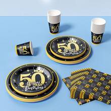 50th Birthday Black Gold Crown 8 Guest Disposable Tableware Set, Includes Plates, Napkins, Cups, Suitable For Birthday, Wedding, Party, Family Picnic - Multicolor - View 5