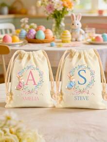 1pc Personalized Easter Bunny Drawstring Canvas Bag, Customized Letter & Wreath Rabbit Design, Kids Easter Basket And Egg Hunt Bag, Reusable Spring Party Gift Bag, Cute Easter Item Gift, Suitable For Girls, Boys, Family, Friends And Classroom Easter Party Supplies - Multicolor - View 3