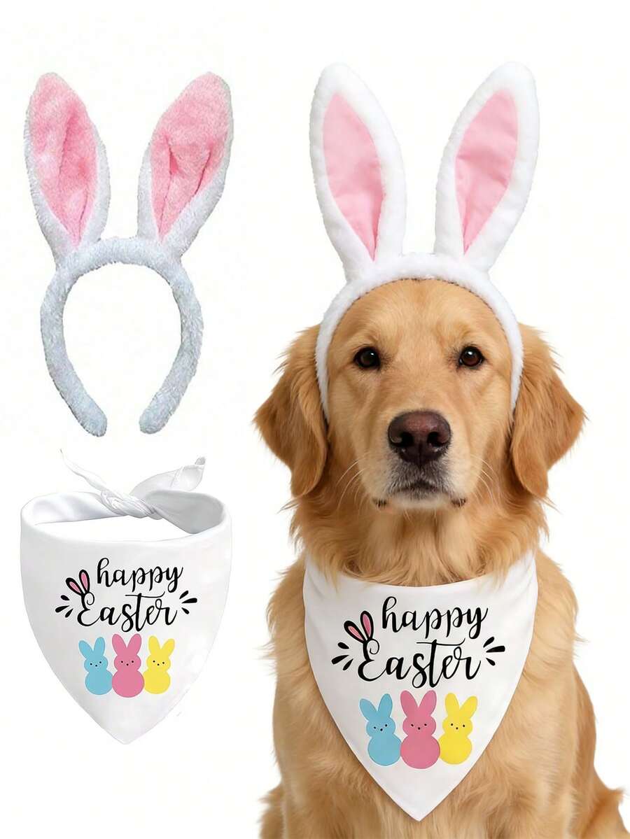 2pcs Creative Easter Cat & Dog Pet Headband & Bib Set, Ideal For Festive Pet Photography, Suitable For Easter Pet Decoration, Easter Pet Photo Props And Easter Themed Decor. Perfect Easter Pet Accessories. - Multicolor - View 1