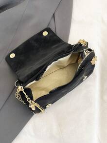 New Autumn/Winter Solid Color Suede Simple Shoulder Bag, Classic Versatile Flap Gold Chain Crossbody Bag For Women, Suitable For Shopping, Wallet, Young Ladies, College Students, Newlyweds, Office Workers. Ideal For Office, School, Work, Business, Commuting, Outdoor Activities, Travel, Going Out And Other Occasions. - Black - View 9