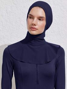 1pc Muslim Solid Color Pullover Headscarf Cap, Women's Quick-Wear Hijab, Extended Neckline Design - Navy Blue - View 2