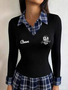 Dravelle Retro American Casual Sports College Style Contrast Color Long Sleeve 2 In 1 Fitted Dress, Suitable For Spring And Autumn - Black - View 6