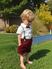 Infant Boy Gentleman Style 2Pcs Summer Set. Short Sleeve Collared Shirt & Suspender Shorts With Pocket. Suitable For Formal Occasions, Everyday Wear, And Holiday Parties. - 酒紅色 - 查看 1