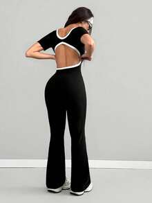 AITYI Studio 女士连体裤，修身休闲时尚性感简约修身户外街头 Y2K 风，适合毕业、返校、圣诞节、新年、感恩节、秋冬季穿着，弹力针织短袖连体裤 - 黑色 - 查看 5