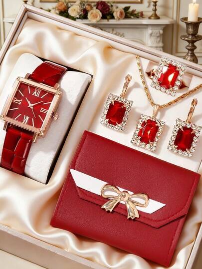 6pcs Set Elegant Women's Quartz Watch Set, Luxury Holiday Women's Red Diamond Accessory Set (Including Rose Gold Square Case With Red Dial And Roman Numerals, Red Leather Strap Quartz Watch)