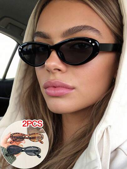 2副装女士聚碳酸酯猫眼框复古撞色时尚眼镜，适合户外度假和通勤，附赠眼镜盒