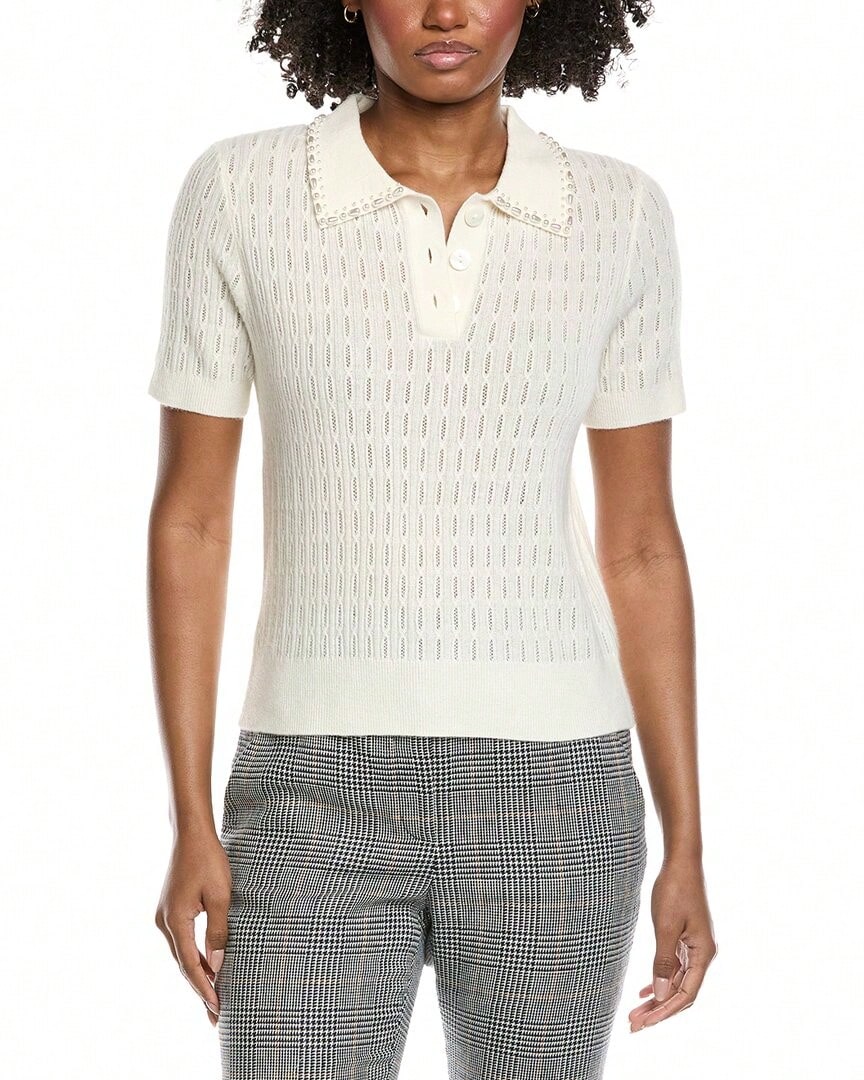 Elie Tahari Collar Rib Cashmere Polo Sweater - White - View 1
