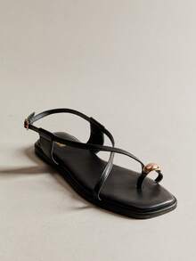 Hauture Women's Fashionable Casual Square -Toe With Strappy Thong Sandal, Gold Plate Ornament For Christmas - Black - View 6