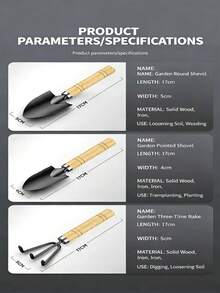 3件套园艺工具套装 - 加厚碳钢宽铲+窄铲+三齿耙，防锈涂层，加长实木防滑手柄，第二代淬火钢，一套可替代10件工具！适用于家庭园艺、盆栽、翻土、除草、蔬菜种植、海滩寻宝、露营等。 - A - 查看 9