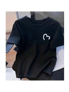 Camiseta Feminina Blusa Coração Heart 100 % Algodão Manga Curta Gola Redonda - Preto - Visão 2