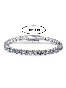 1pc 3mm High-Quality Four-Prong Moissanite Diamond Tennis Chain With S925 Sterling Silver Bracelet, Shimmering & Luxurious Fine Jewelry For Wedding, Engagement & Gifts For Brides - 銀色 - 查看 5