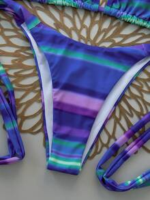 2 Stücke Sexy Dopamin gestreifter Neckholder Bikini Set - Verstellbarer Bügel-Top + Tief sitzende Hose | Göttin Urlaubs Bademode Strand Sommer - Blau - Übersicht 6