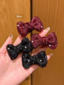 4pcs Black + Burgundy Bow Hair Clips, Suitable For Daily Use - Multicolor - View 8