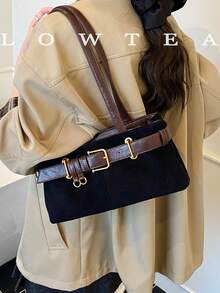 1pc Low Tea Solid Color Suede Fabric Shoulder Bag, Women's Retro Fashion Square Shoulder Bag With Top Double Handles, Zipper Closure, Suitable For Travel, Shopping, Dating, Women's Gift, Great For Commuting, Outdoor, Travel, Hiking , Valentines Gifts - 黑色 - 查看 6
