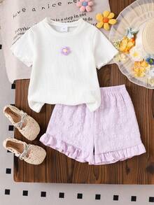 2pcs/Set Young Girl Sweet Floral Embroidery Short Sleeve T-Shirt And Ruffle Trim Shorts Set, Summer - Mauve Purple - View 2