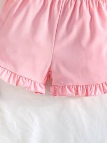 Girls' Cute Cherry Print Outfit, Includes Bow Tie Gingham Camisole Top And Casual Ruffle Hem Shorts, Summer - Pink - View 7