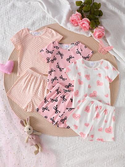 3 Sets (6pcs) Girls & Toddlers Casual Bow, Heart, Polka Dot Pattern Soft & Comfortable Flame Retardant Knit Fabric Short Sleeve T-Shirt And Shorts Pajama Set, Suitable For Spring/Summer Home Wear