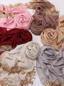 1pc Elegant Luxurious Modest Sequin Tassel Women Hijab Scarf For Abaya - Multicolor - View 3