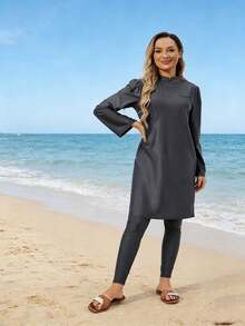 VFJ 3 件套穆斯林女士高腰弹力面料端庄泳衣套装，带霓虹绿饰边，全覆盖 - 深灰色 - 查看 10