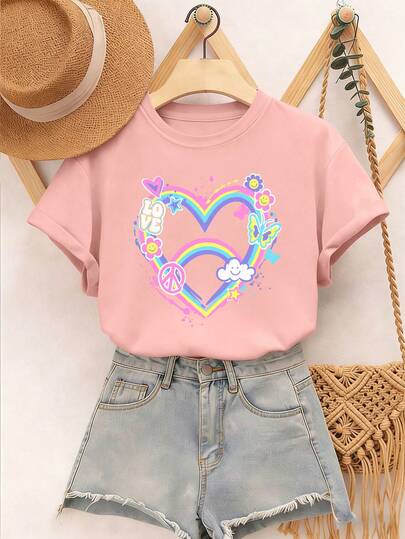 Girls' Cute Rainbow Heart Print Round Neck Short Sleeve T-Shirt, Soft & Comfortable, Suitable For Teenage Girls In Spring/Summer, Ideal For School, Travel, Party And Other Occasions