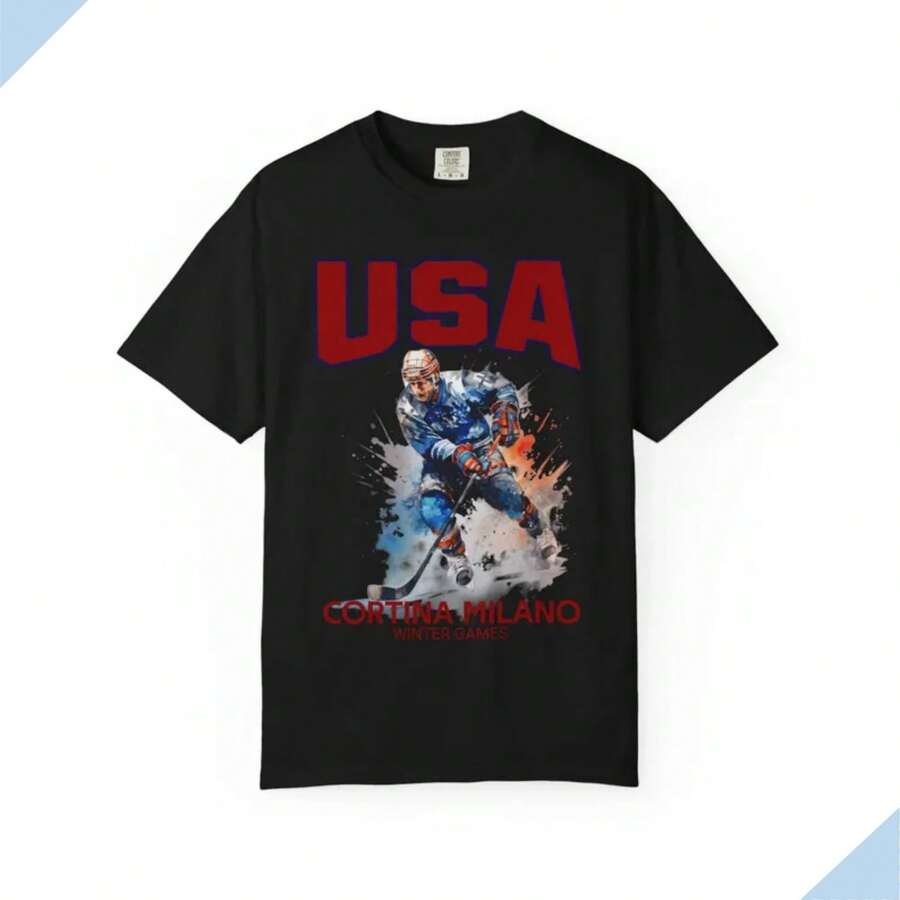 USA Hockey Player T-Shirt _ Cortina Milano Winter Games -Comfort Color - Black - View 1