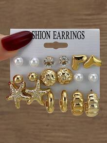 9对独特心形海星多元素耳环 - 金黃色 - 查看 1