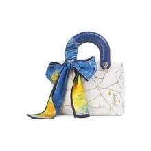 Yves Saint Laurent [Custom Makeup Bag] Marble Gold Crackle Print Handbag, Featuring A Painted Silk Scarf And Blue Leather Handles. A Stylish, High-End, Classic, And Versatile Gift For Women. - White - View 9