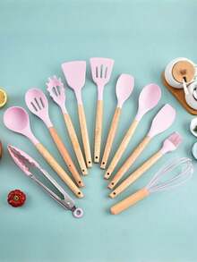 1pc Silicone Spatula Non-Stick Pan Dedicated Spatula, Home Cooking Spatula, Wooden Handle Ladle Soup Spoon 12pcs Kitchenware Set - Multicolor - View 2