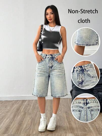 Shorts vaqueros de mujer de verano estilo casual Bermuda con detalles de copos de nieve, hechos de tela no elástica, adecuados para uso diario
