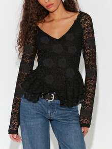 Women Lace Long Sleeve Shirts Floral V Neck Layered Ruffled Going Out Tops  Fall Streetwear - Black - View 2
