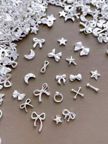 Mix50/100pcs Mini Nail Charms, Including Moon, Bowknot, Star, Cross, And Other Silver Nail Charms, Simple Y2K Metal Nail Supplies, Nail Gems, Suitable For Multi-Functional DIY Accessories Nail Decoration Nails - Multicolor - View 3