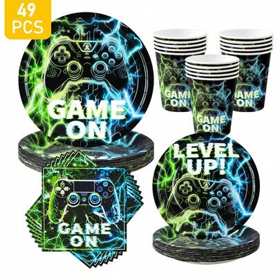 1 Set Blue & Green Flame Gaming Themed Disposable Plates, Napkins, Cups, Suitable For 8 Guests, One-Time Party Supplies For Birthday, Wedding, Family Picnic