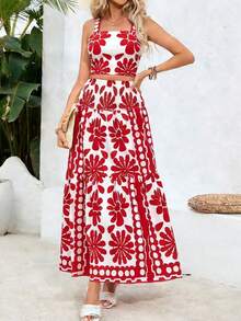 Đầm maxi hai dây in hoa dành cho nữ/Bộ đồ 2 mảnh thoải mái cho kỳ nghỉ hè, thích hợp mặc đi biển và du lịch. - Đỏ và trắng - Xem 5