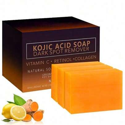 3 Pcs Kojic Acid Dark Spot Remover Soap Bars With Vitamin C, Retinol, Collagen, Turmeric - Original Japanese Complex Infused With Hyaluronic Acid, Vitamin E, Shea Butter, Castile Olive Oil