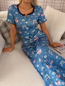 Disney Women's Pajamas Stitch Print Lace Trim Rolled Button Short-Sleeve And Long-Pants Set - Multicolor - View 5