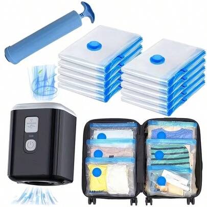 10pcs Vacuum Compression Bags, Essential For Travel & Camping! Vacuum Storage Bags + Manual Air Pump, Travel Vacuum Compression Bags, Vacuum Seal Bags, Space Saving Bags For Clothes, Luggage, Handbags, Backpacks, Holidays & Business Trips, Christmas Gift