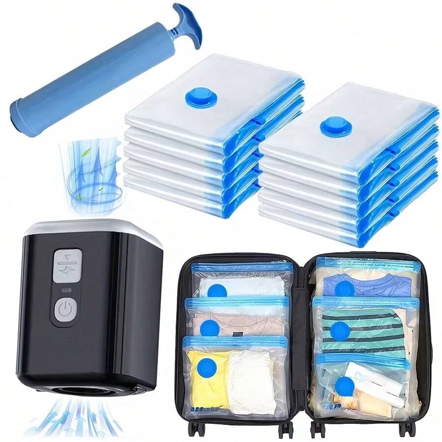 10 Peças Sacos de Compressão a Vácuo, Ideal para Viagens e Camping! Sacos de Compressão a Vácuo + Bomba de Ar Manual, Sacos de Vedação a Vácuo para Roupas, Bagagem, Bolsas, Mochilas, Sacos de Viagem de Negócios e Férias Economizadores de Espaço, Presente de Natal, Organização de Armazenamento, Essenciais de Viagem